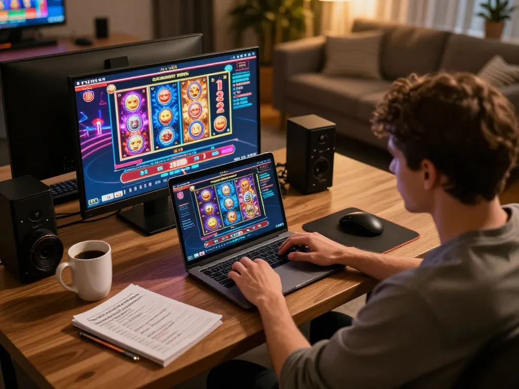 Engaging in online gaming at VT88 with vibrant casino visuals on the laptop screen, cozy home setting.