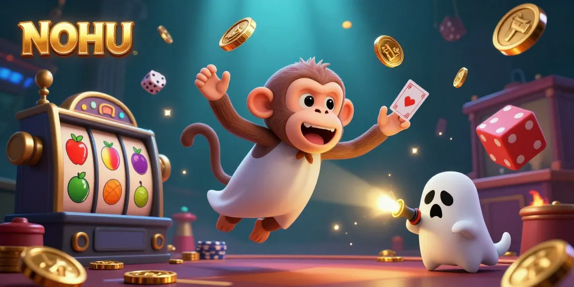 Experience thrilling adventures at NOHU with a playful monkey and curious puppy in a haunted casino.