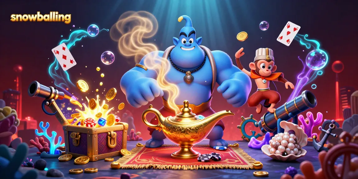 Engage in snowballing action with the magical genie, poker chips, and vibrant casino elements.