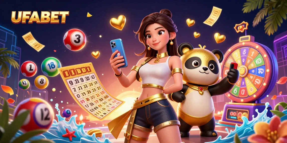 Experience UFABET's vibrant casino world with an engaging Asian character and golden panda amidst dynamic game elements.