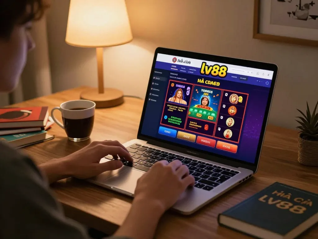 A player engaging with the nhà cái lv88 online casino setup, highlighting a warm gaming atmosphere with strategic components.