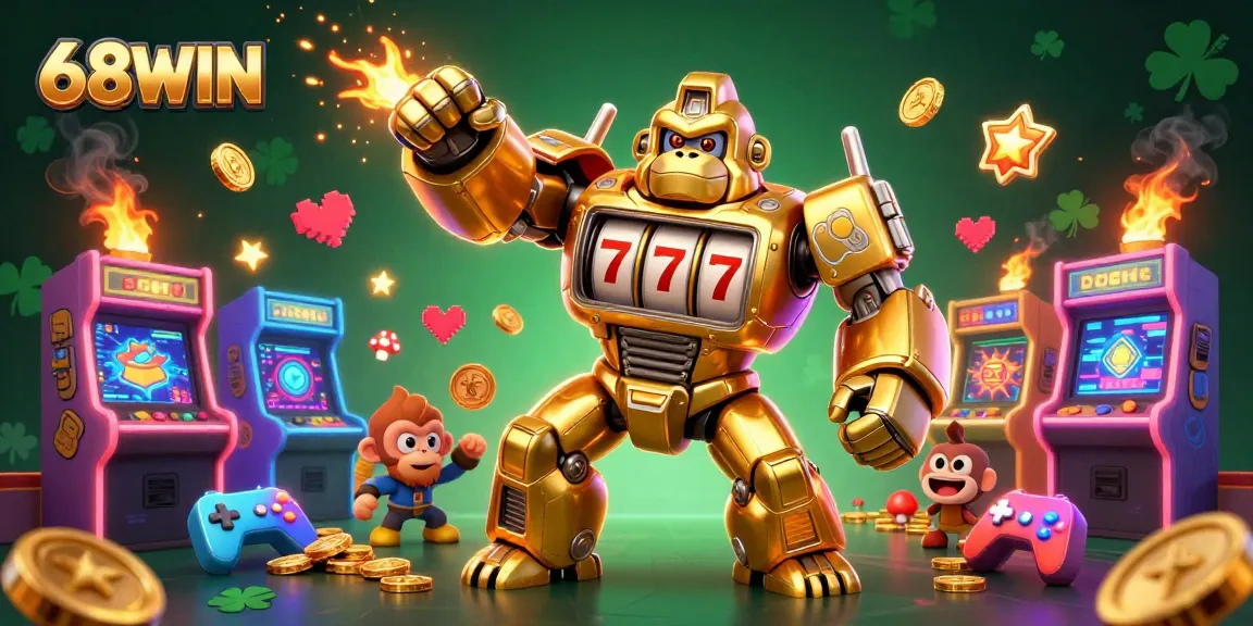 Engage with 68WIN's thrilling 3D gaming adventure featuring a golden gorilla mech amid vibrant casino elements.