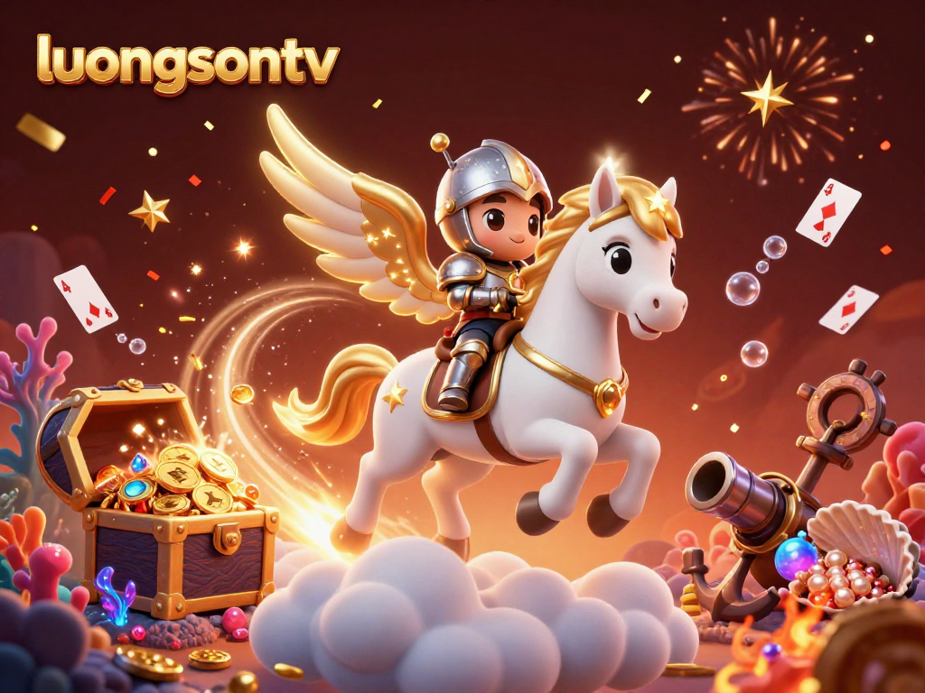 Experience the thrilling action of luongsontv with an enchanting scene of a celestial horse and armored knight among vibrant casino elements.