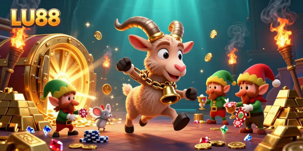Experience the thrill of LU88 with a wild casino scene featuring festive and mischievous characters.