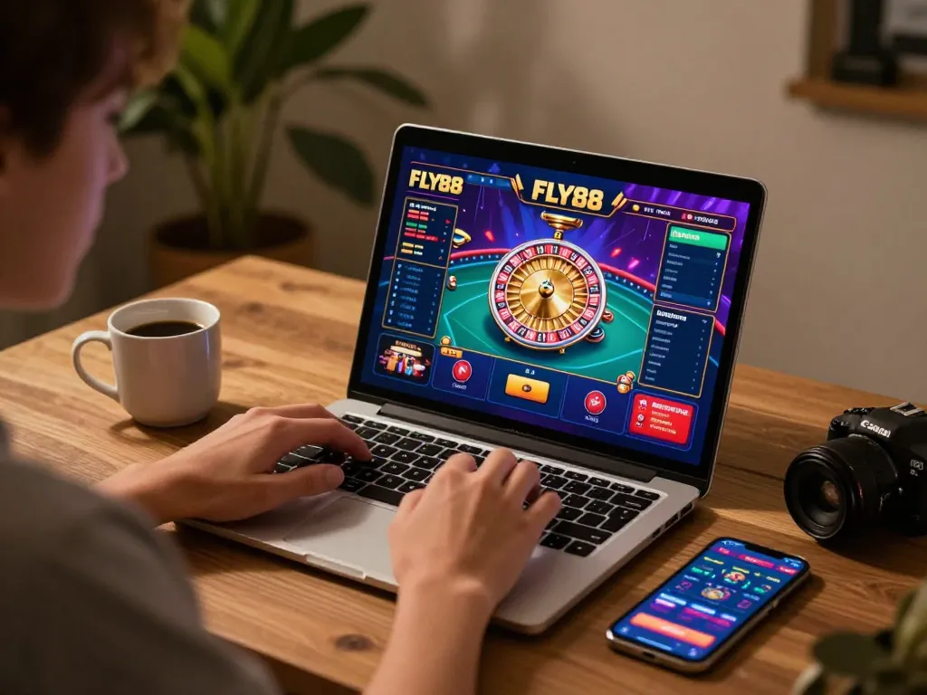 Engaging scene of a player strategizing on FLY88 casino games via laptop in cozy home setup