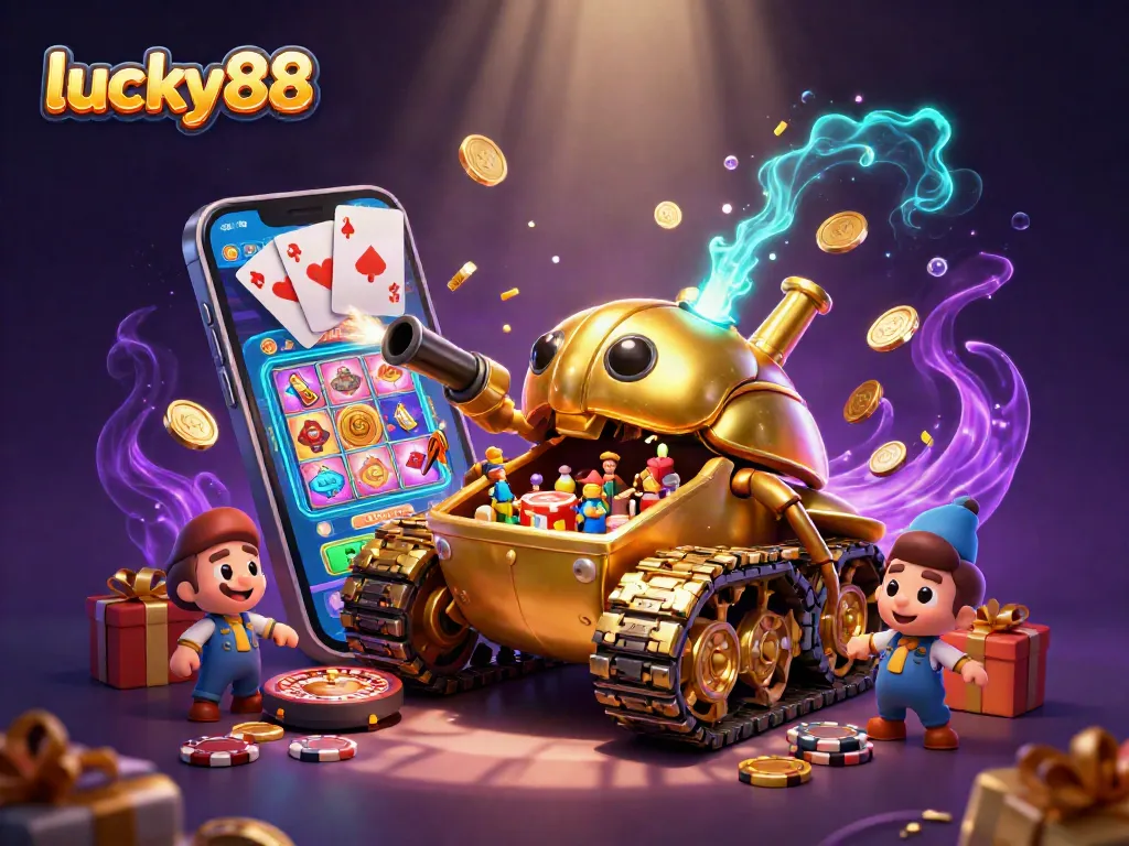 Play lucky88 with excitement as confetti and coins erupt from a golden beetle tank casino.