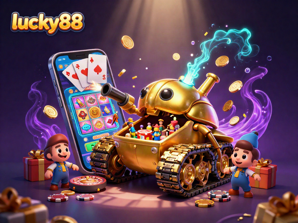 Play lucky88 with excitement as confetti and coins erupt from a golden beetle tank casino.