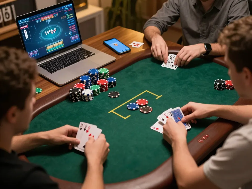 Engaging scene of online poker gameplay where sc88 nhà cái players are strategizing with cards and chips in a cozy home setting.