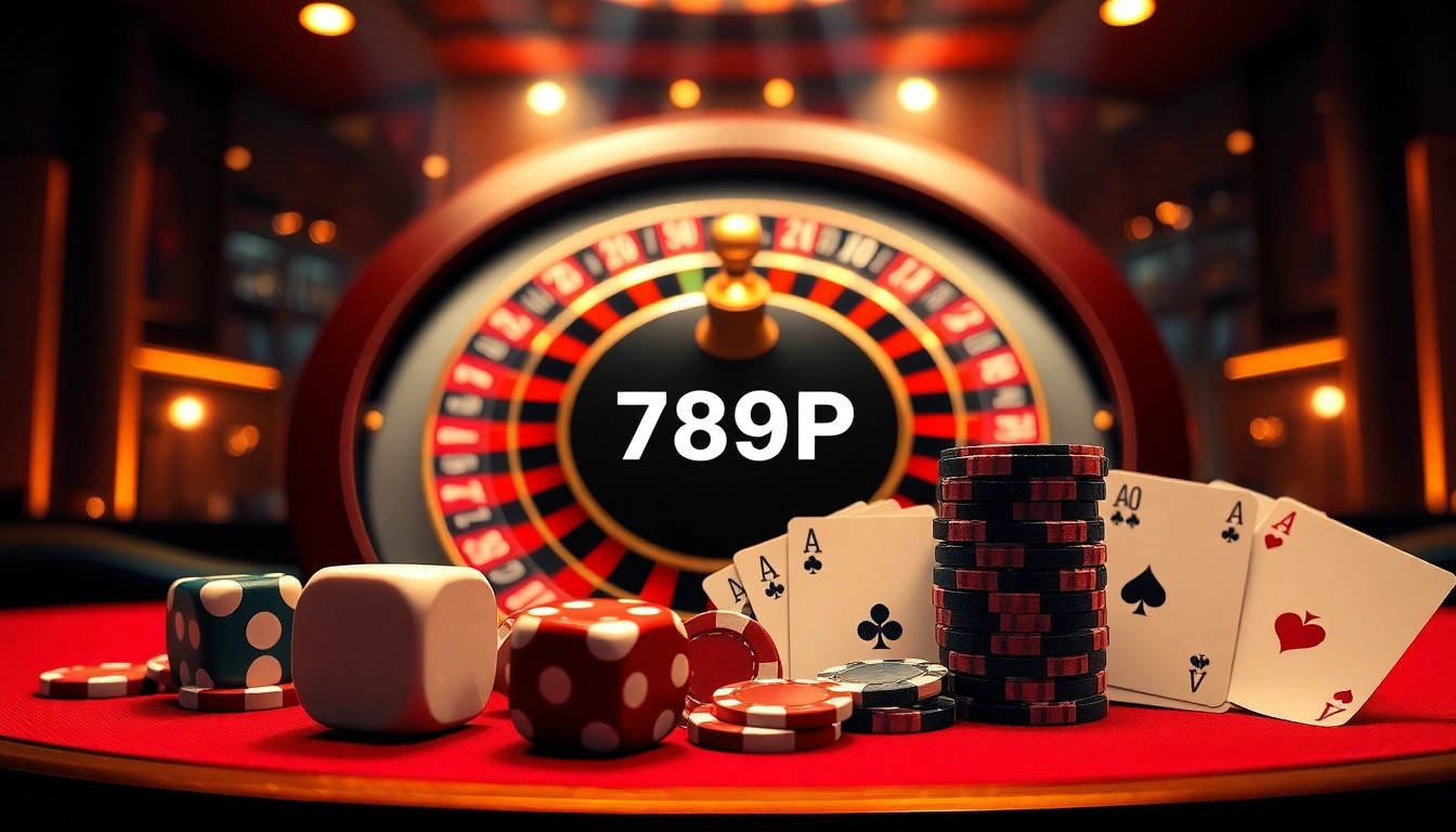 Experience the thrill of winning at 789P with vibrant casino visuals featuring roulette and poker elements.