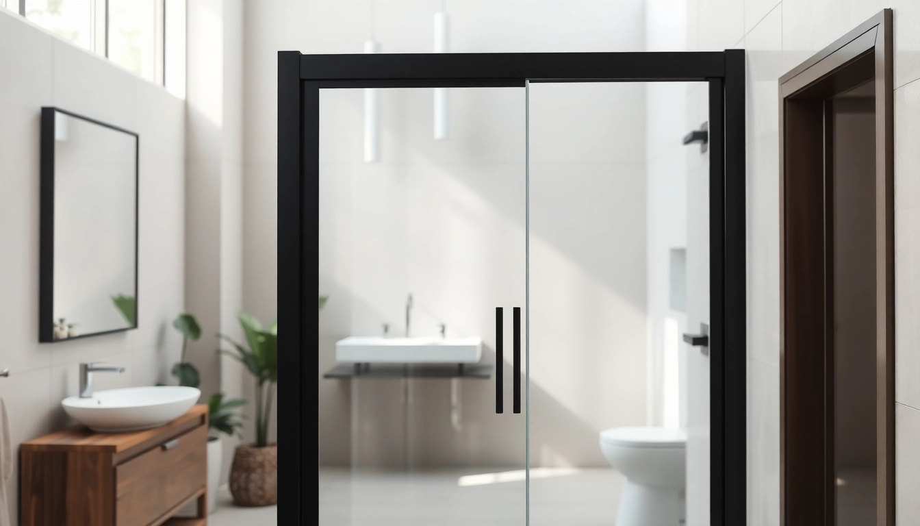 Elegant black shower door enhances modern bathroom design with sleek features.