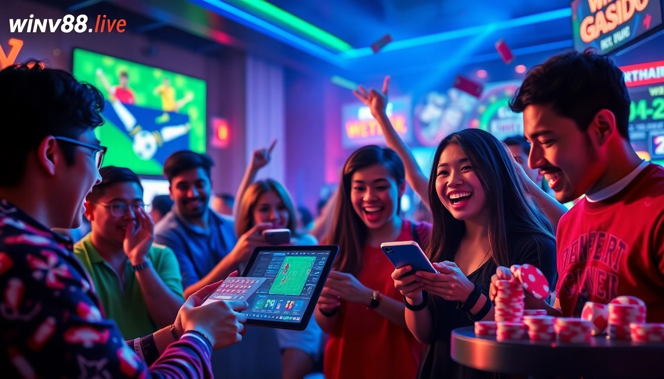 Exciting scene showcasing diverse players enjoying online gaming at winvn88.live with vibrant atmosphere.