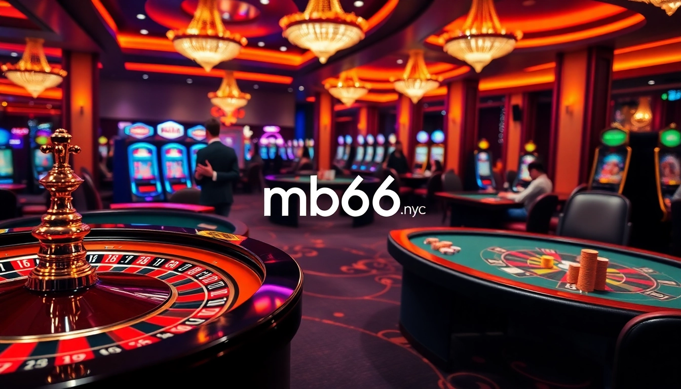 Players enjoying thrilling games at mb66.nyc casino, featuring vibrant roulette and poker tables.