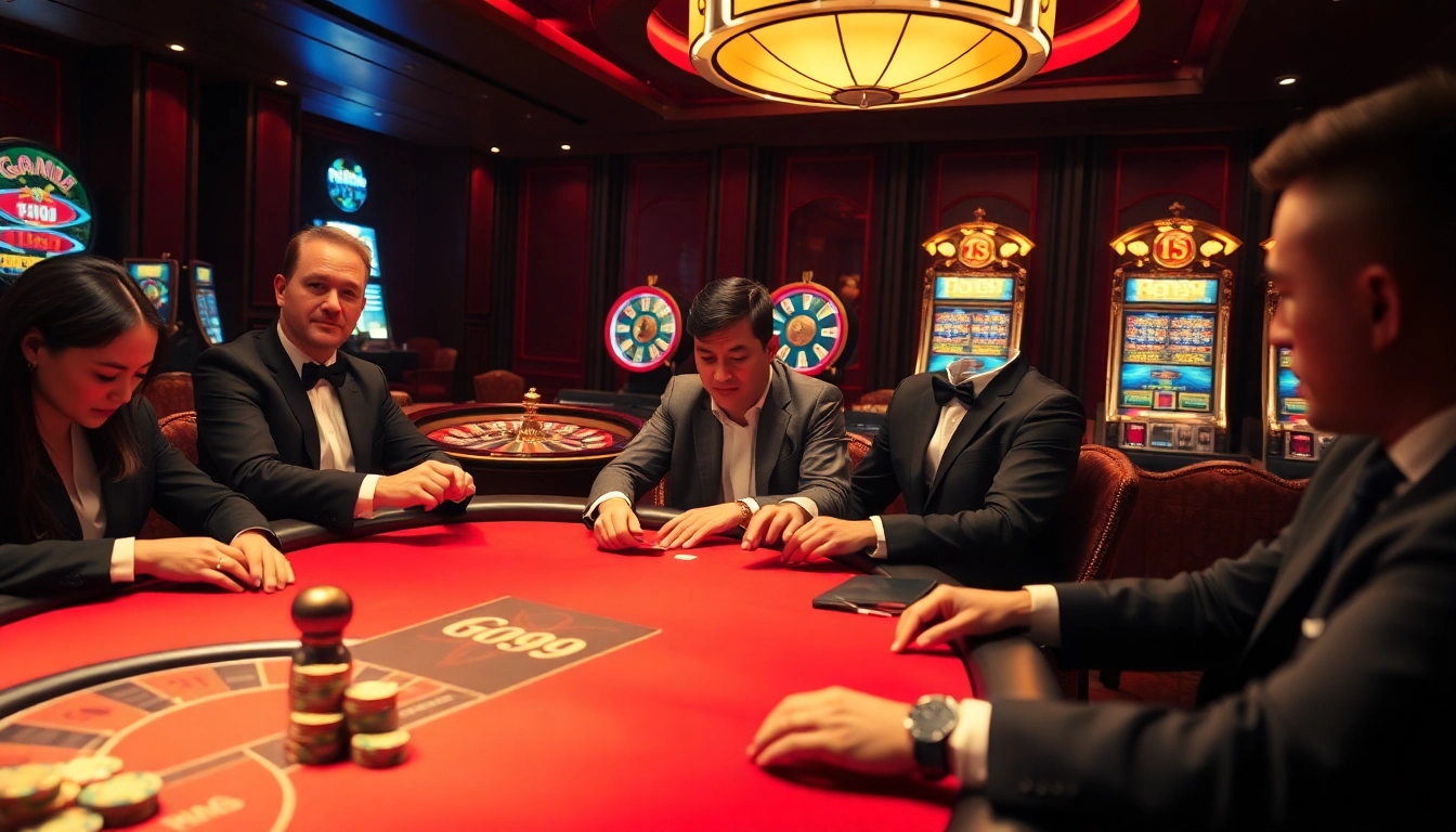 Go99 players engaging in high-stakes poker with vibrant casino ambiance.