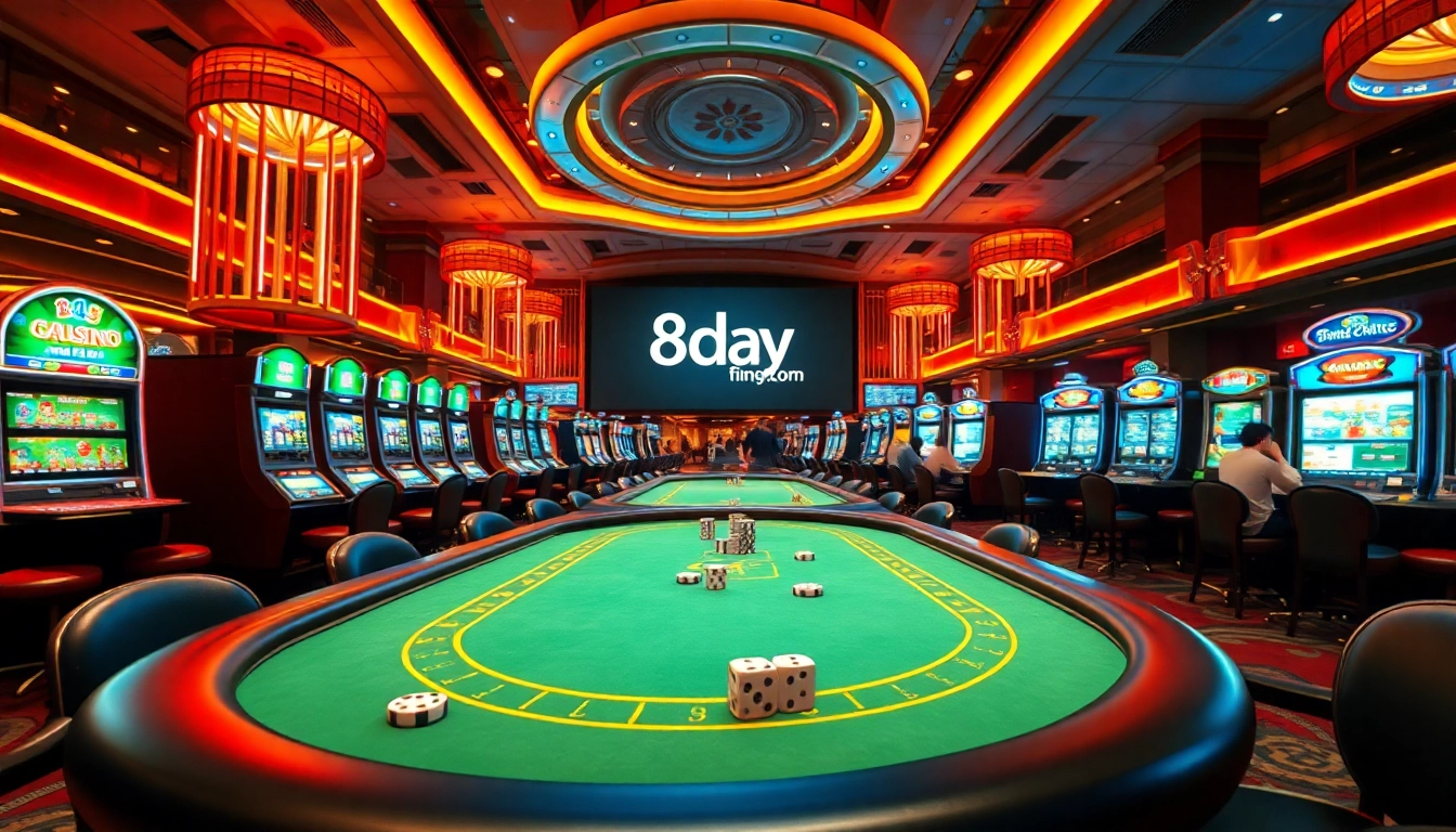 A dynamic casino scene showcasing 8day.cn.com with vibrant tables and players engaging in high-stakes action.