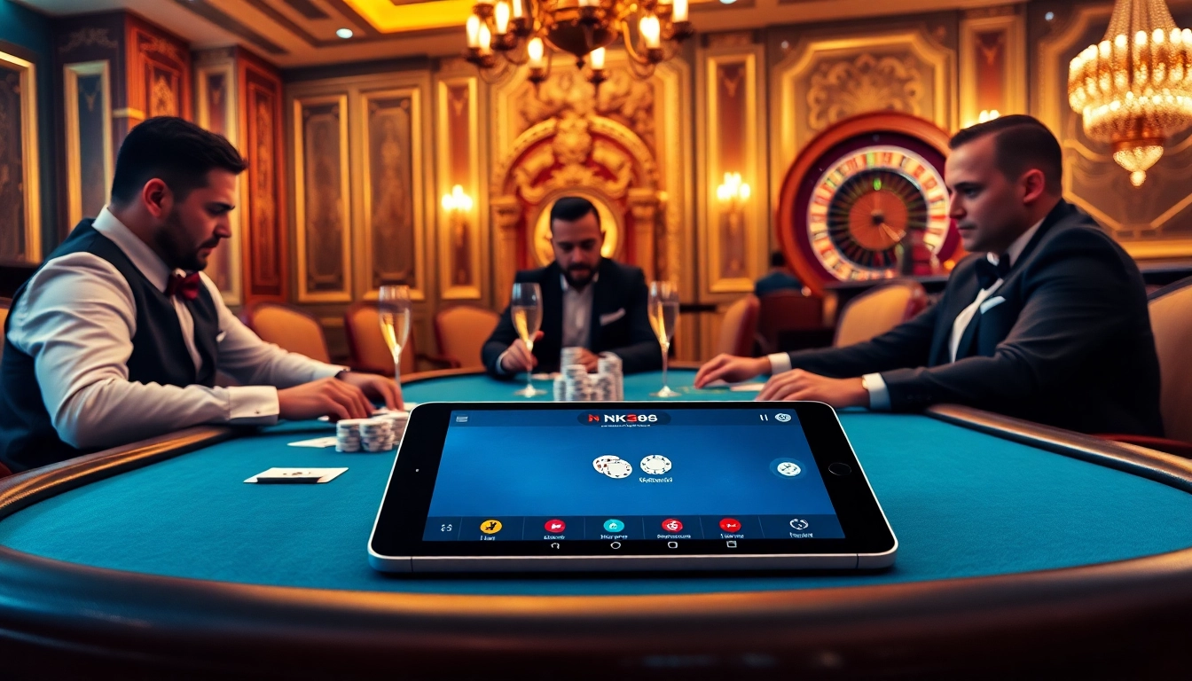 Engaging players in a luxurious NK88 casino with poker and roulette activities.