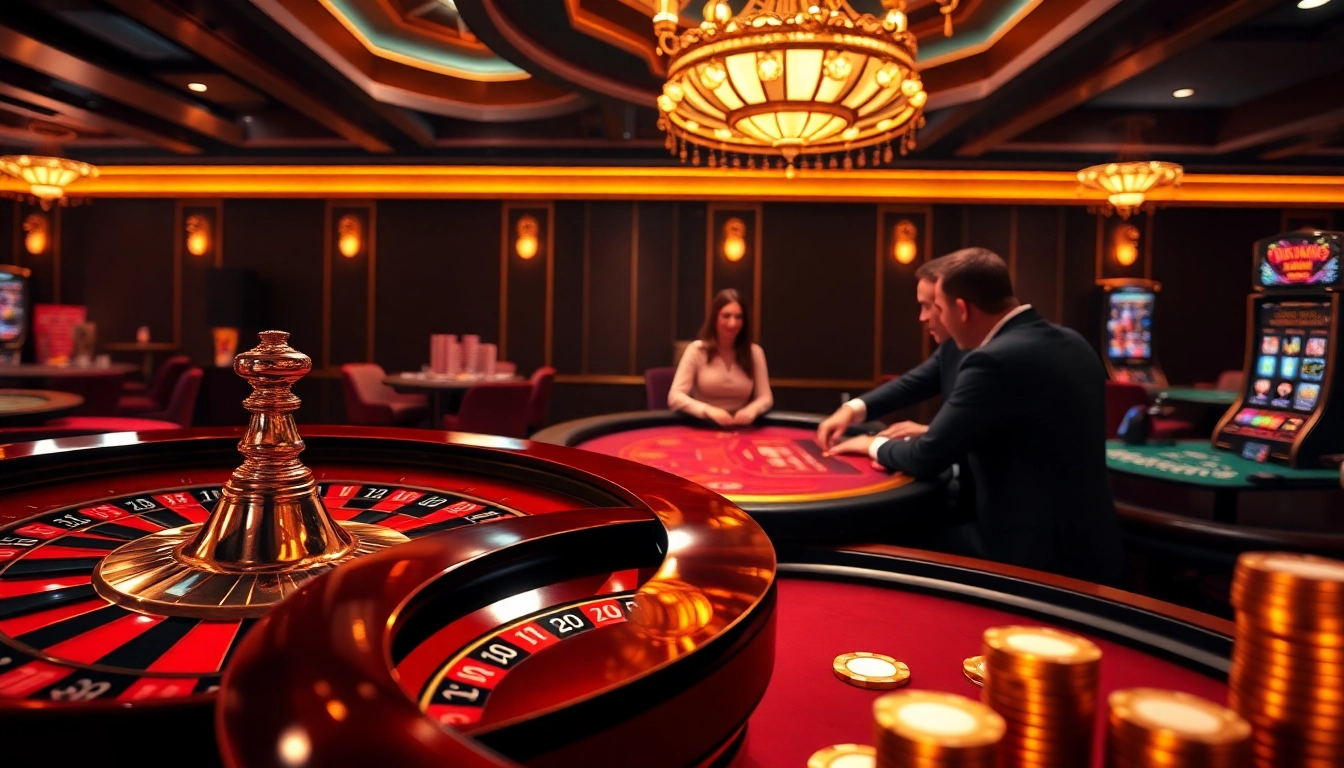 Players enjoying high-stakes games at loto188.gb.net, featuring poker chips and a roulette wheel.