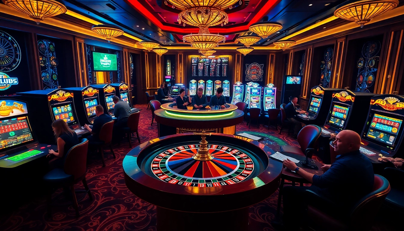 Experience the excitement at https://sclub88.app/ with players engaging at a luxurious roulette table in a vibrant casino.