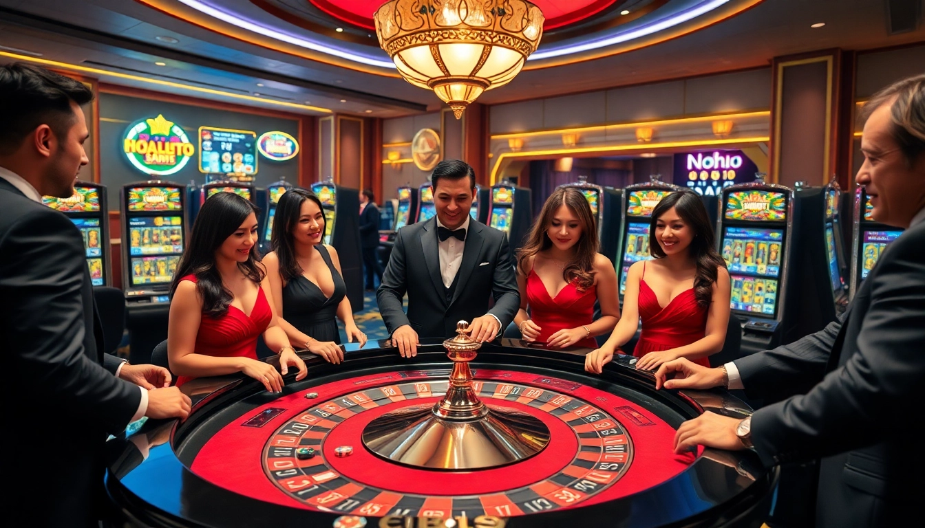 Excited players celebrate a NOHU90 jackpot win at a luxurious casino.