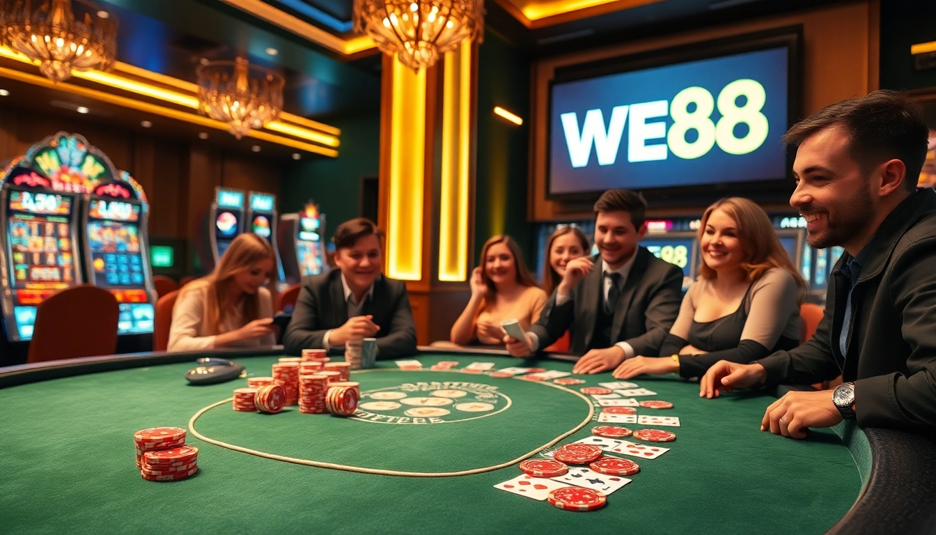 Enthusiastic players at a WE88 casino table aiming for winning hands amidst vibrant slots.