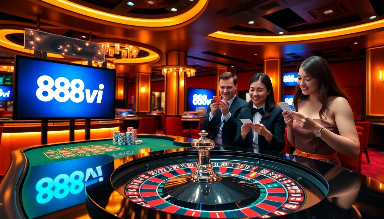 Players enjoying thrilling moments at the 888vi casino table with vibrant chips.
