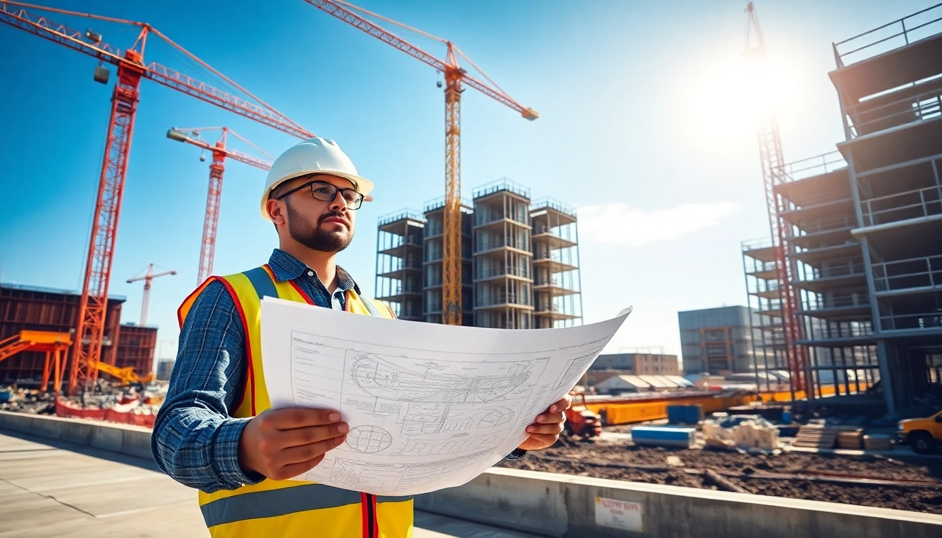 New Jersey Construction Manager overseeing complex building project amid bustling construction site.