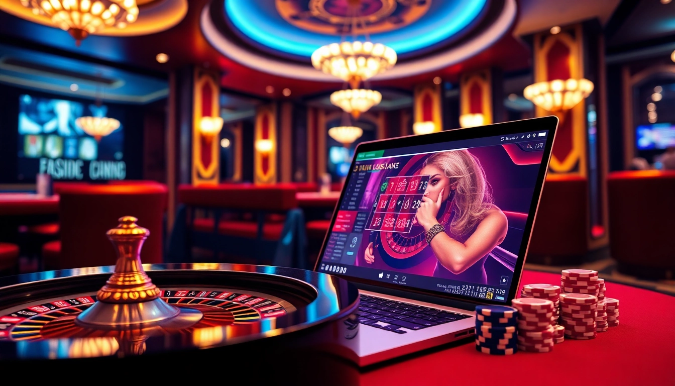 Exciting gameplay at https://888vnd.space/ with a luxurious casino backdrop featuring roulette and poker.