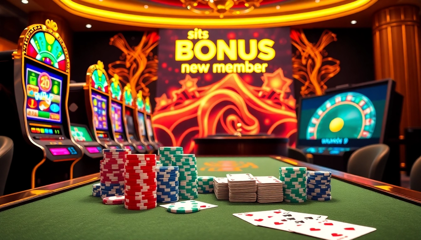 Vibrant casino scene highlighting situs bonus new member with interactive slot machines and poker chips.