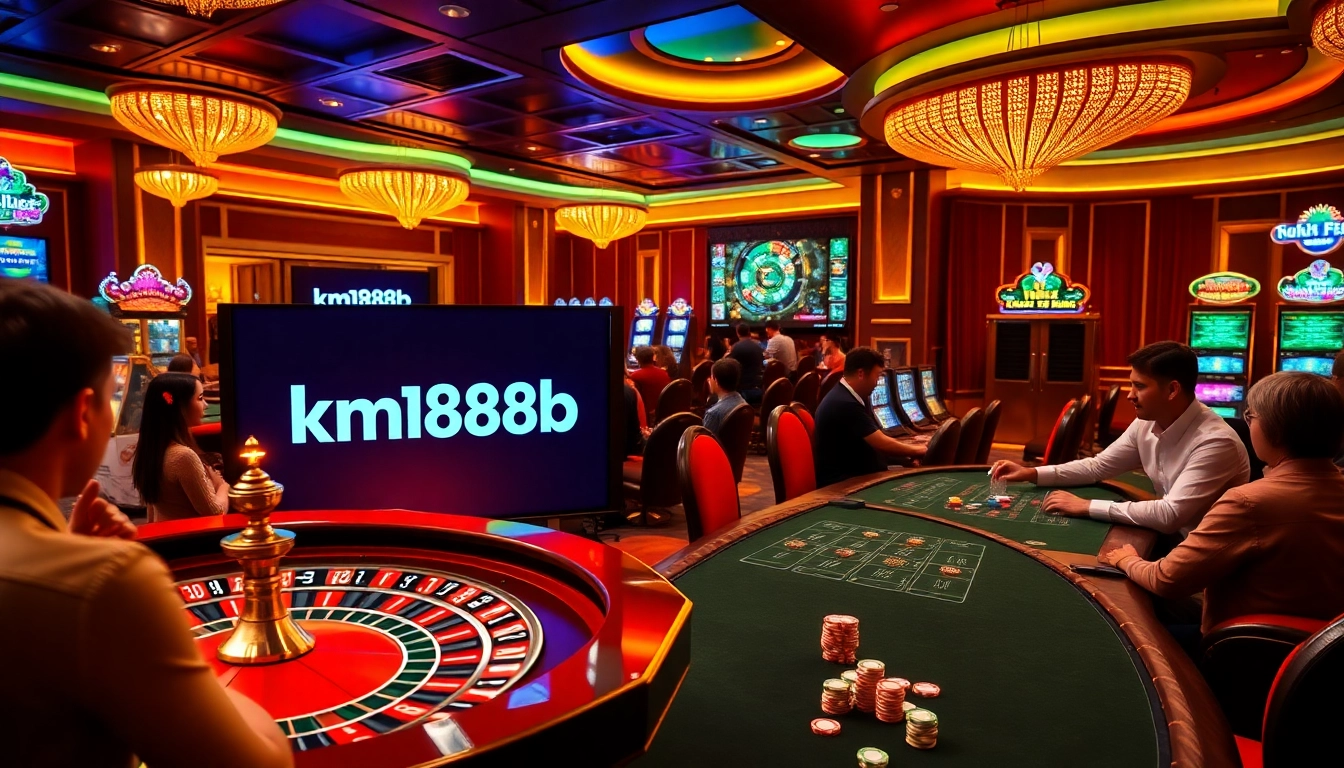 Gambling at km1888b with vibrant slots and poker action in a luxurious casino setting.