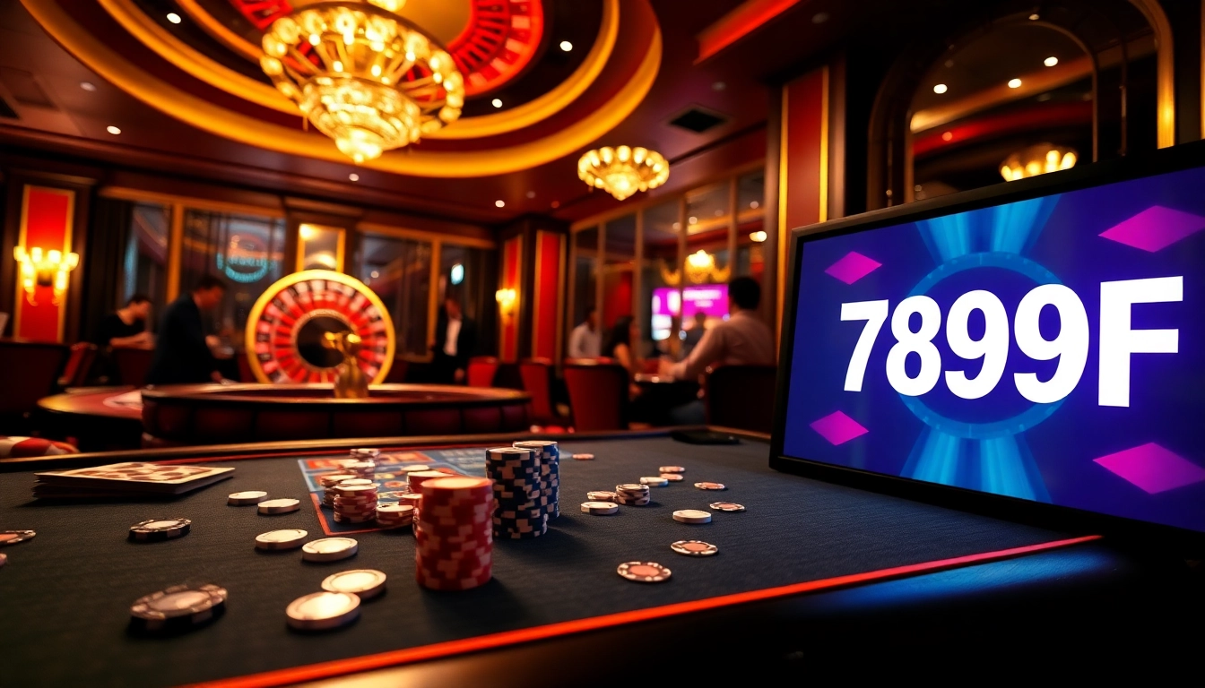 Experience the excitement of 789F in a luxurious casino environment with poker and roulette games.