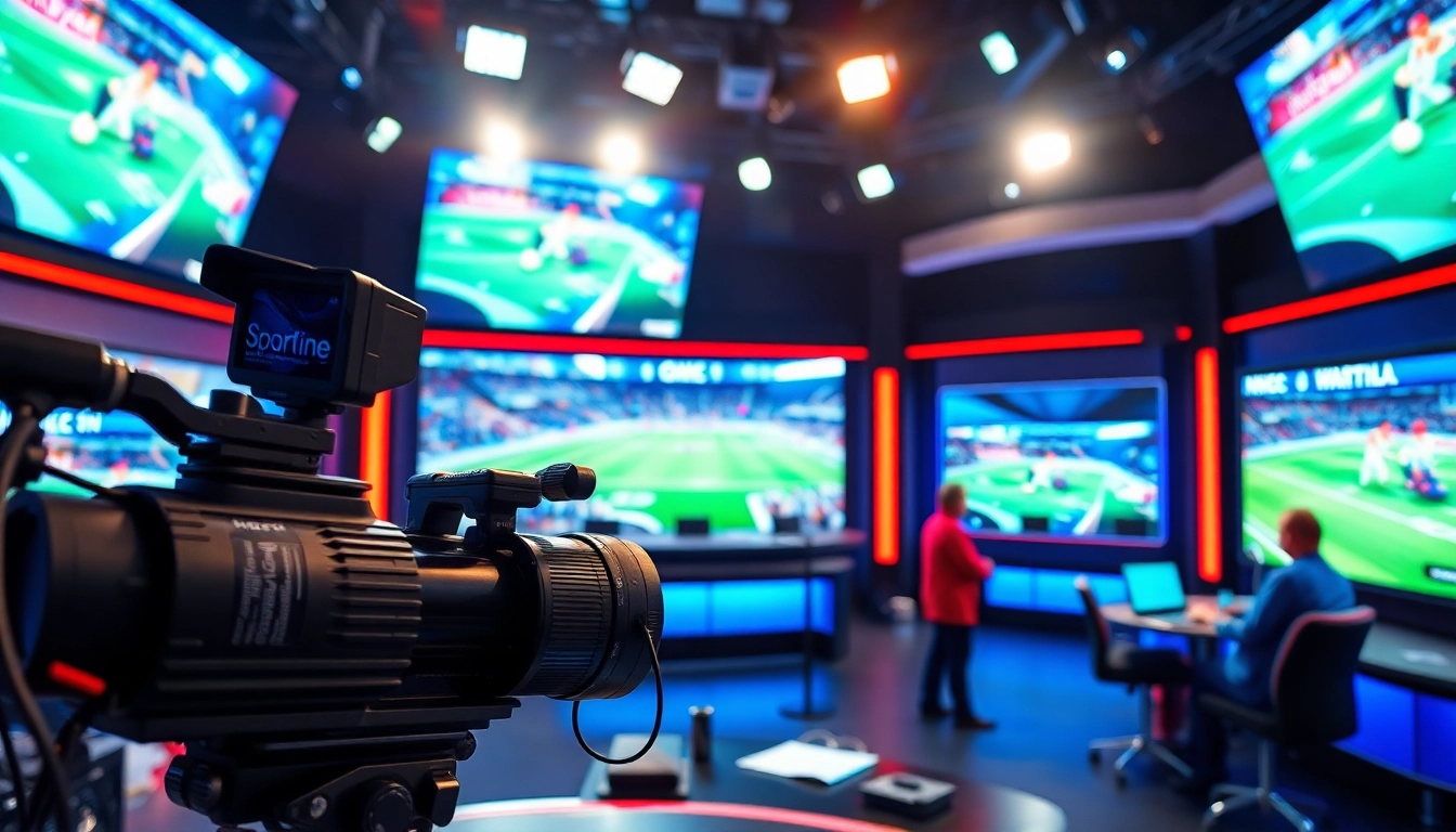 Engaging sports broadcasting scene with hosts and multiple screens showcasing live events.