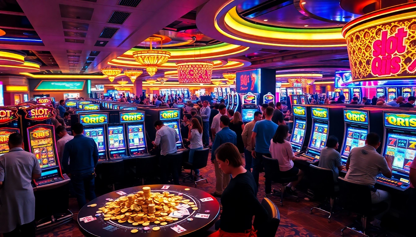 Gambling enthusiasts engaging with slot QRIS machines in a vibrant casino environment.