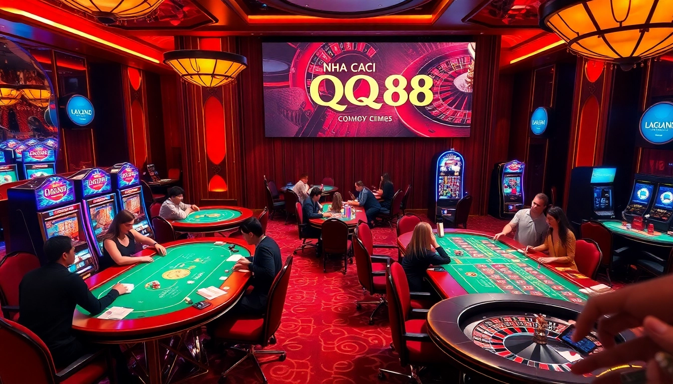 Players enjoying high-stakes games at Nhà Cái QQ88 casino amidst vibrant lights.