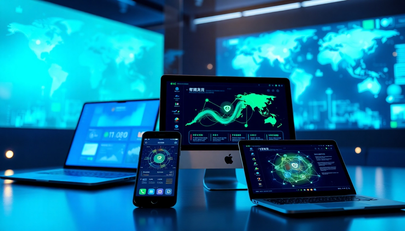 多设备显示的快连下载应用，展示现代界面与连接功能。