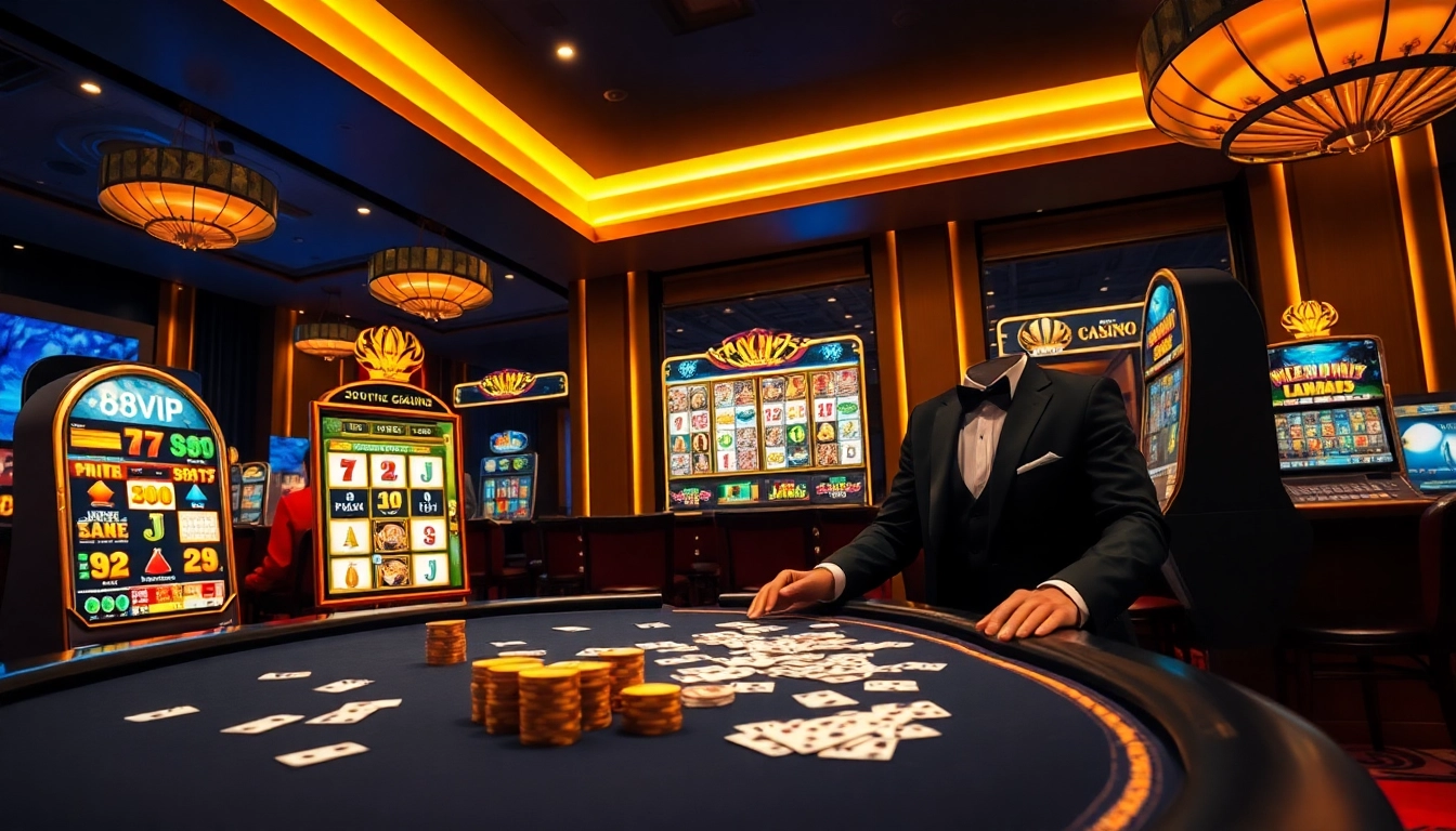 68VIP casino scene featuring poker chips, cards on a table, and a slot machine for an engaging gaming experience.