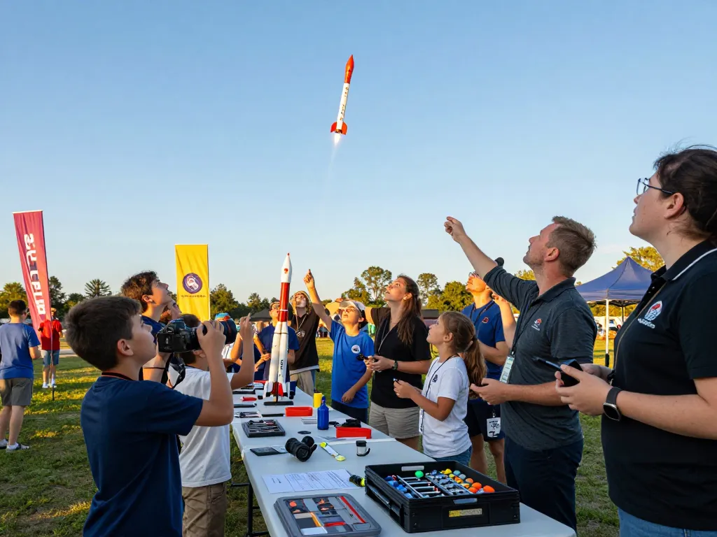 Participants launching vibrant model rockets at a STEM community event, showcasing model rockets and kits.