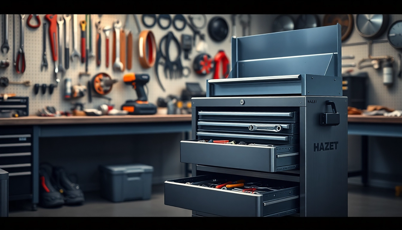 Hazet tool trolley displaying organized tools in a professional automotive workshop.