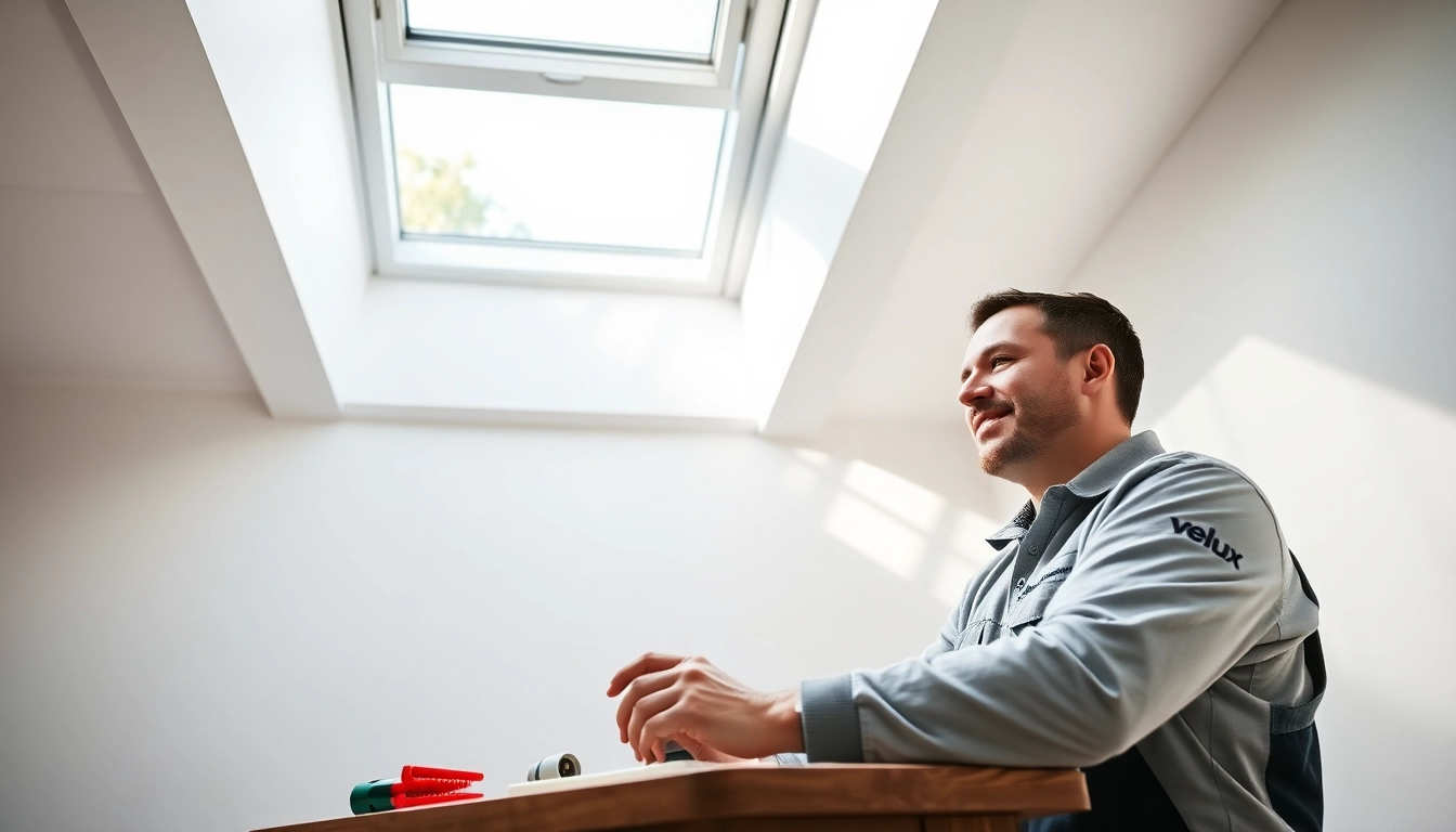Velux repairs expert technician fixing a skylight in a modern home.