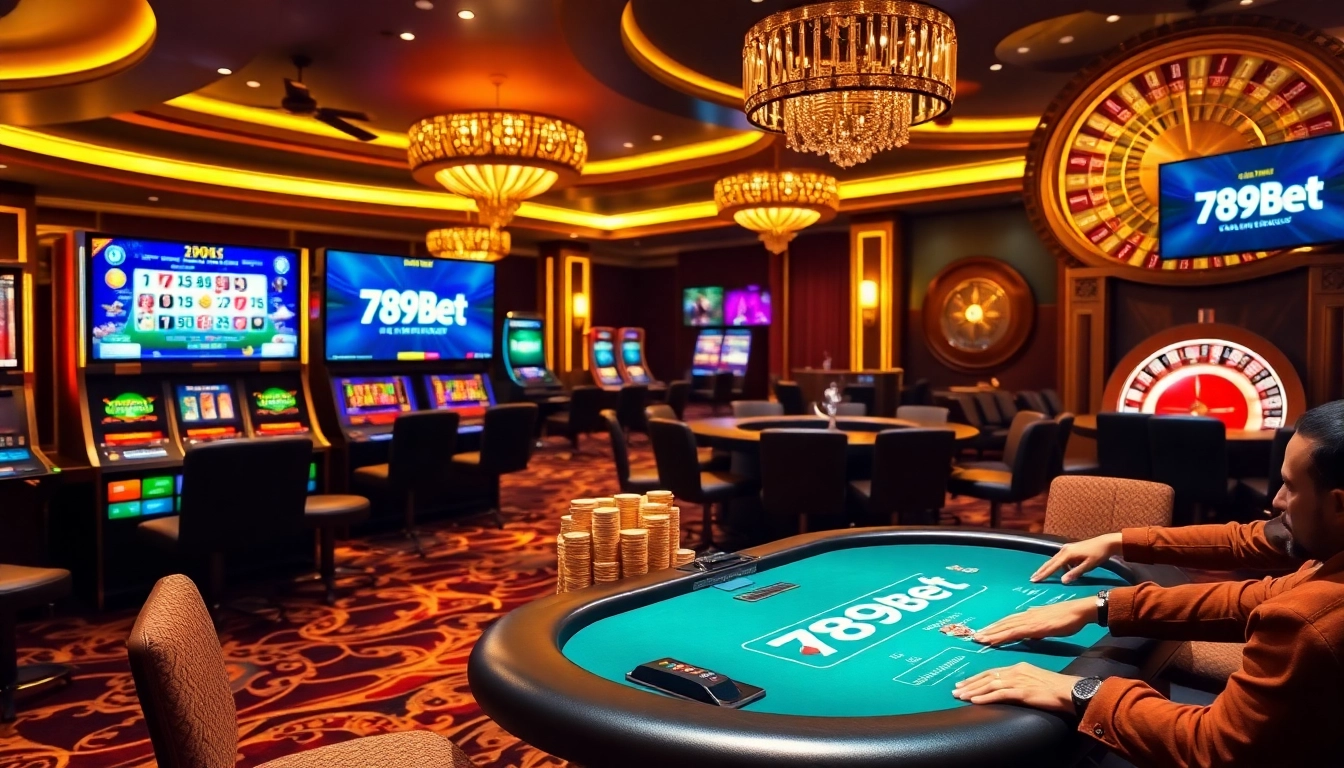Players enjoying a game at 789bet’s luxurious casino table with vibrant slot machines and roulette wheel.