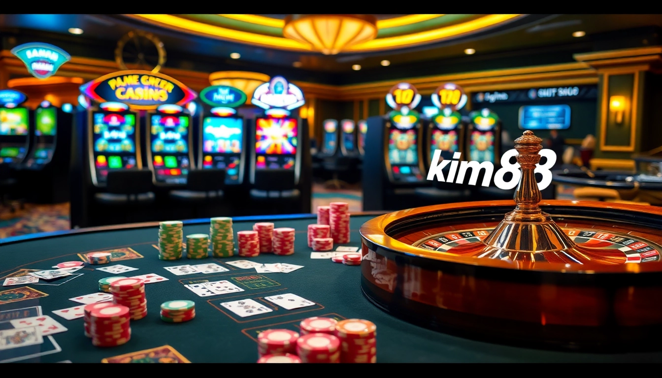 Kicking off a thrilling game at kim88 with vibrant casino tables, cards, and exciting slot machines.