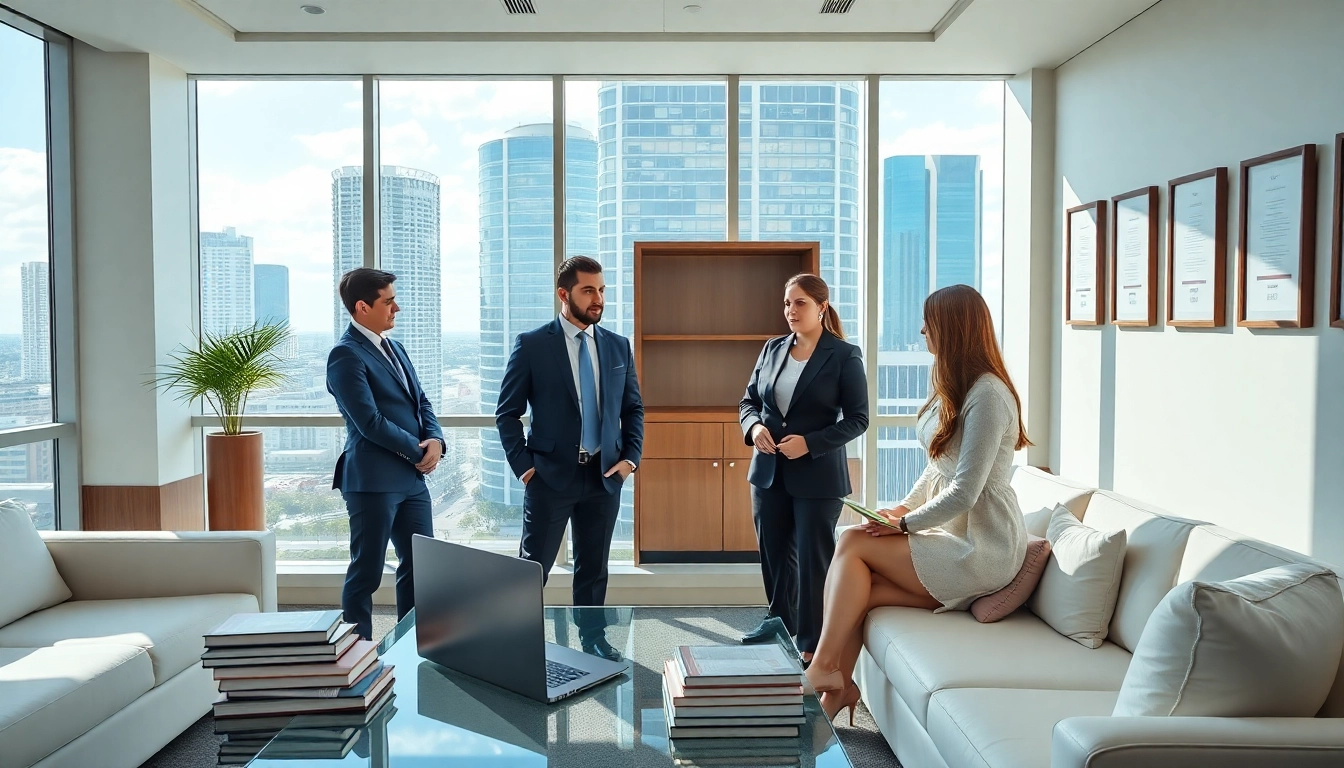 Welcoming office scene of a US immigration law firm with diverse lawyers consulting clients.