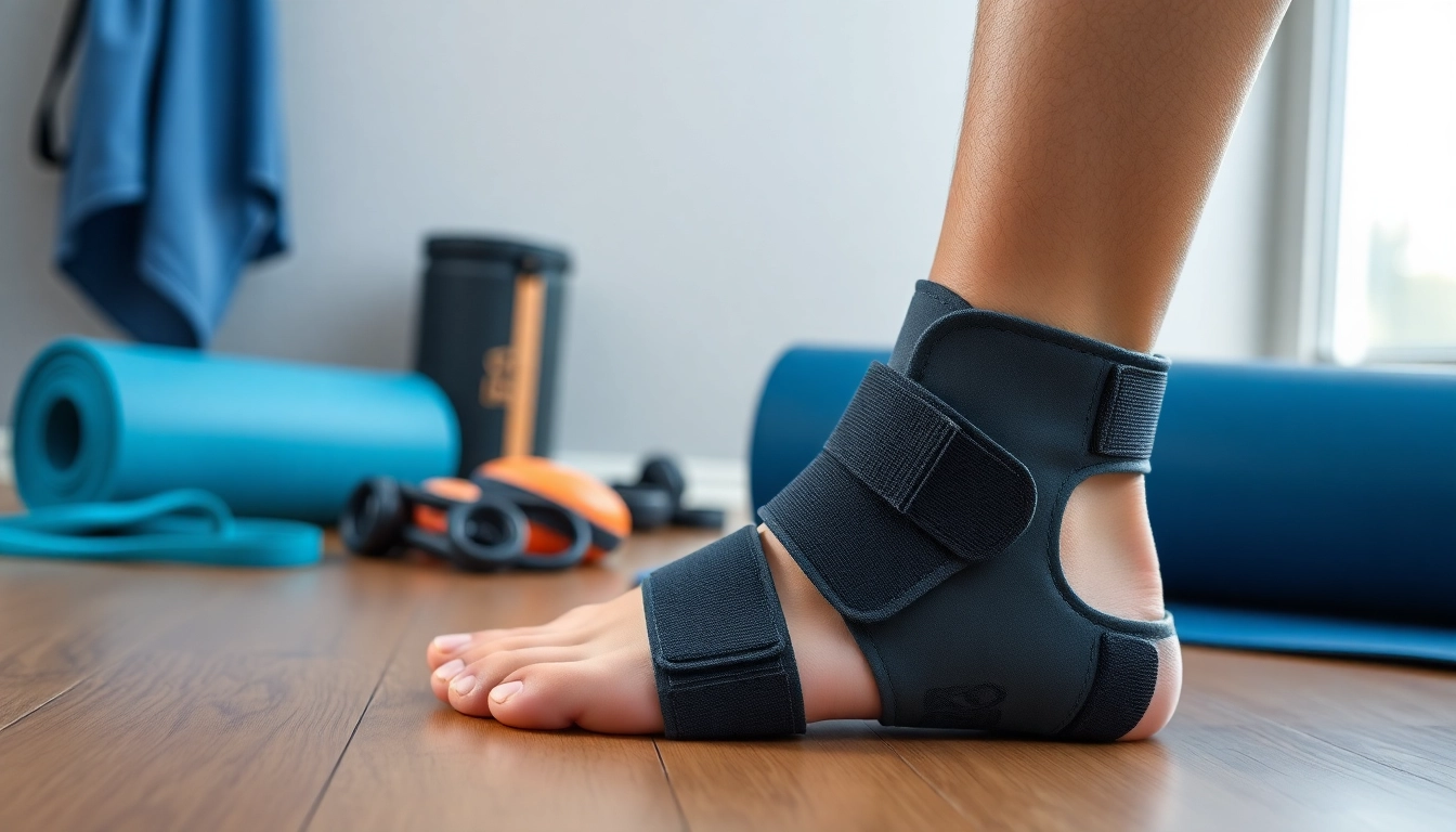 Ankle brace to prevent dorsiflexion, displayed with athletic gear, showcasing its supportive design and promoting mobility.