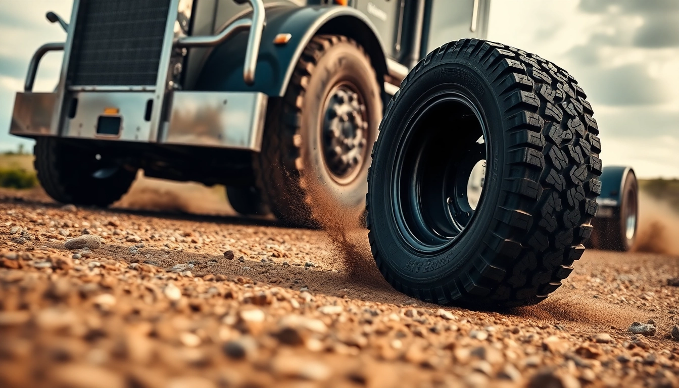 RR99 tire showcasing durability on mixed terrain with a semi-truck, highlighting all-position capabilities.