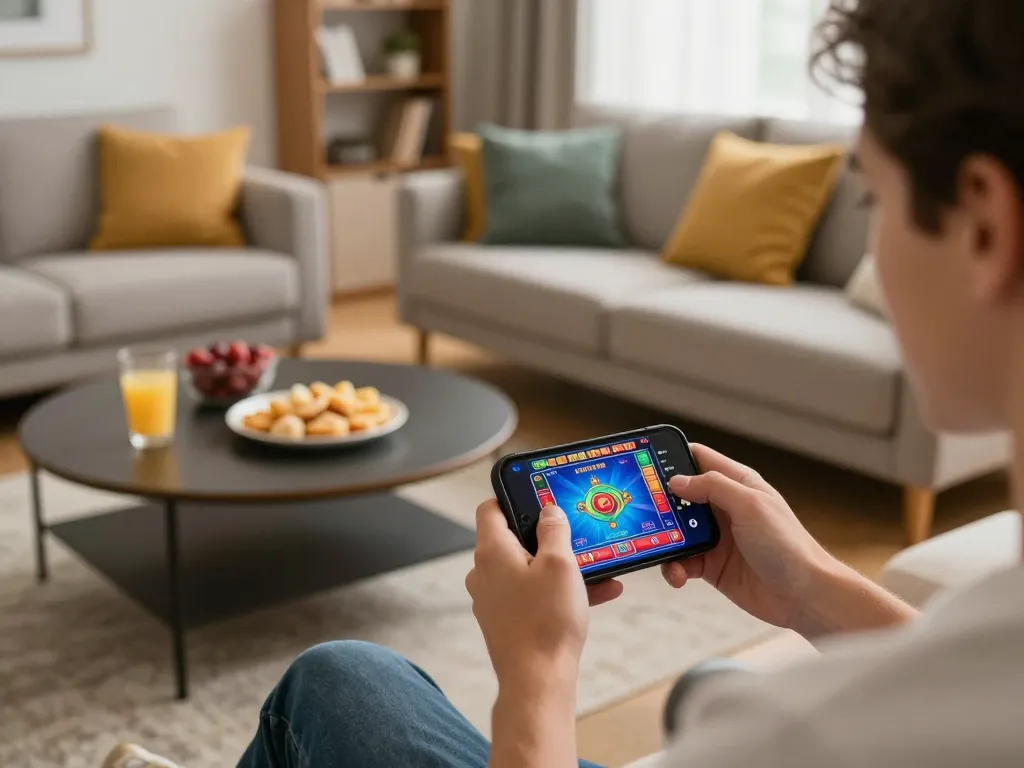 Player enjoying mobile gaming at home with Bl555 app interface on screen, showcasing a cozy setup.