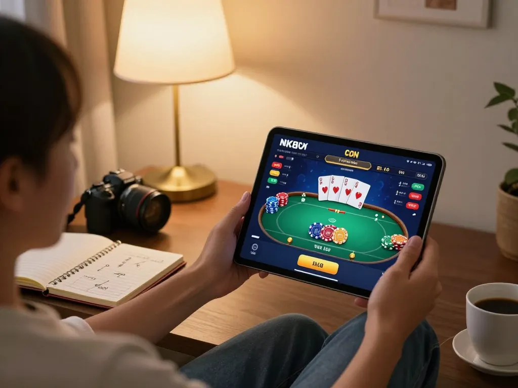 Engaging gameplay on NK88 CON mobile app, showcasing poker action in a cozy living room setting.