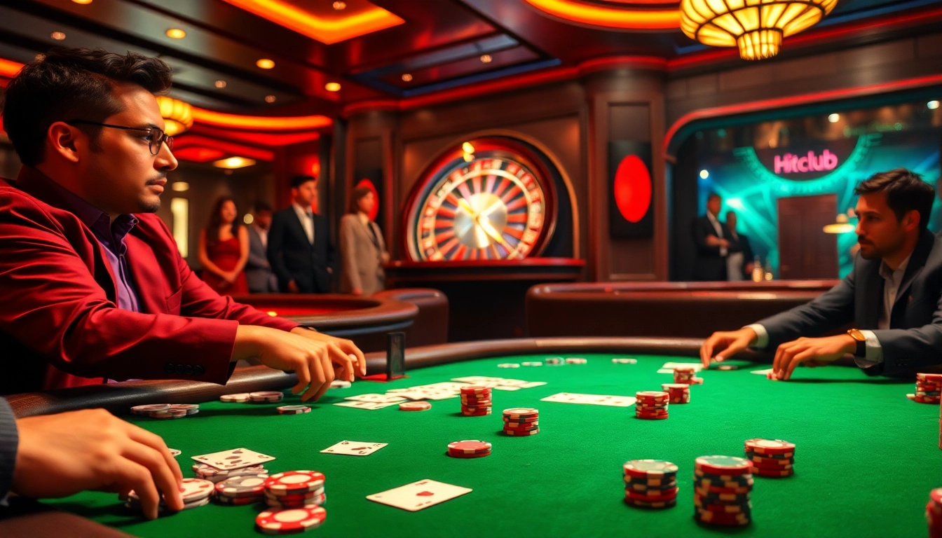 Hitclub players strategizing at a luxurious poker table in a vibrant casino environment.