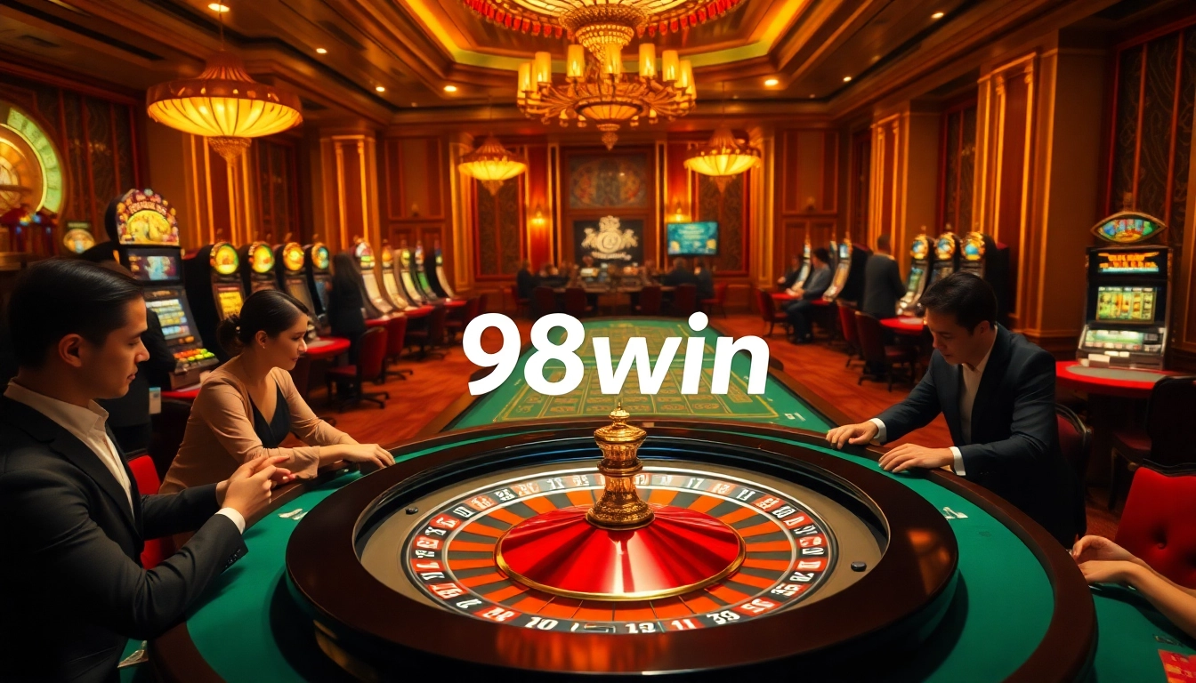 Engaging players at a roulette table in a luxurious casino showcasing the essence of 98win excitement.