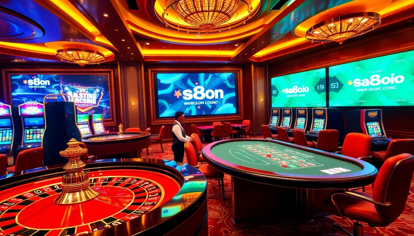 The excitement of casino gaming with roulette and poker at https://s8onl.com/, showcasing vibrant chips and tables.