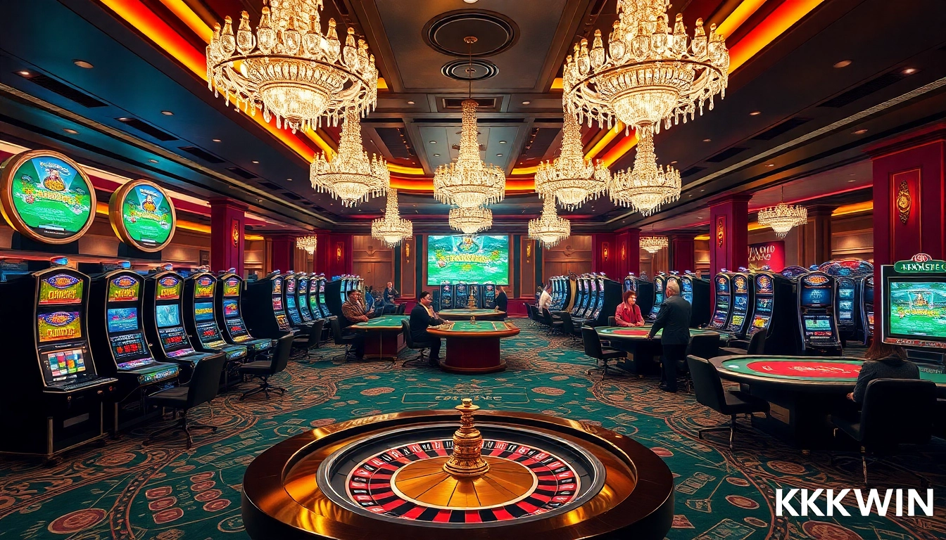 Experience the thrill of betting at KKWIN's luxurious casino, featuring vibrant tables and slot machines.