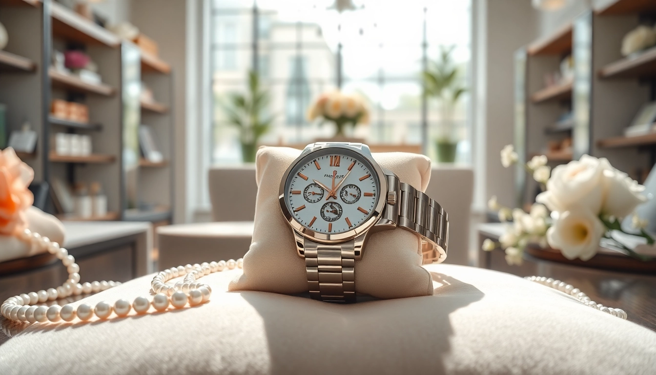 Admiring the exquisite Ladies Classic Smart Watch on a velvet cushion in an elegant boutique.