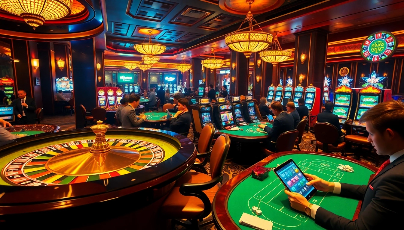 Experience thrilling gameplay with zx88 đăng nhập in a luxurious casino setting, featuring vibrant roulette and poker tables.